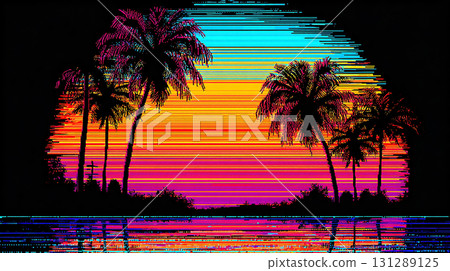 色彩繽紛的夕陽和棕櫚樹的輪廓 131289125