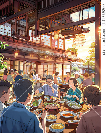 A lively dining scene at a Japanese restaurant 131289260