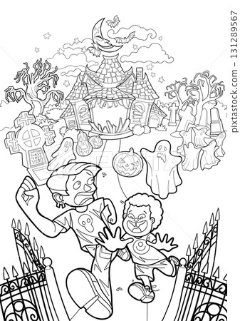 Halloween scene with haunted house and children Halloween scene with haunted house and children 131289567