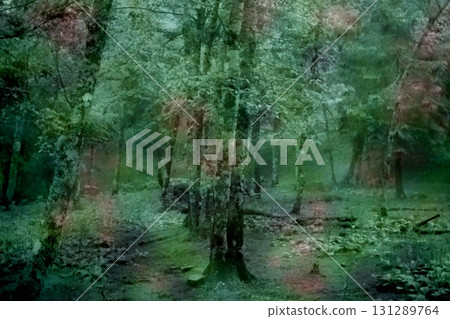 In-camera multiple exposure photo of a mysterious forest and red flowers 131289764
