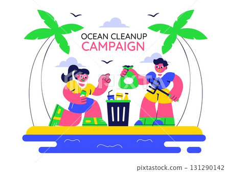 Ocean Cleanup Campaign Illustration Featuring Cleaning the Sea Beach from Trash and Garbage to Restore Nature and Promote Environmental Awareness 131290142