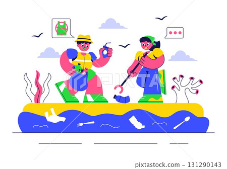 Ocean Cleanup Campaign Illustration Featuring Cleaning the Sea Beach from Trash and Garbage to Restore Nature and Promote Environmental Awareness 131290143