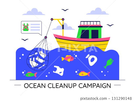 Ocean Cleanup Campaign Illustration Featuring Cleaning the Sea Beach from Trash and Garbage to Restore Nature and Promote Environmental Awareness 131290148