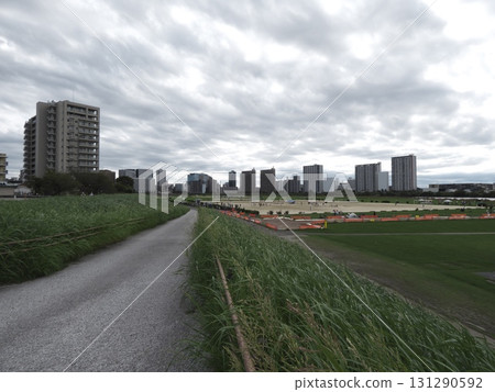 Cloudy Embankment: A riverside plaza surrounded by weeds and skyscrapers 131290592