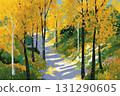 一幅風景插畫描繪了秋天森林中一條美麗的林蔭小路，路旁是鮮豔的黃色樹葉，陽光透過樹葉照射進來。 131290605