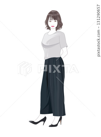 Illustration of a young woman standing and glancing sideways Illustration of a young woman standing and glancing sideways 131290657