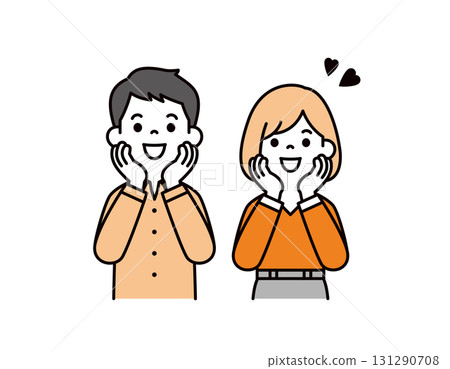 一個簡單的上半身向量插圖，描繪了 20 多歲和 30 多歲的男女帶著幸福的表情慶祝 131290708