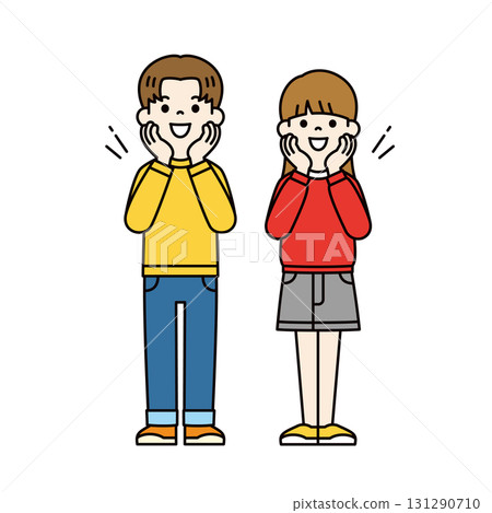 Excited young men and women with shining eyes, full-body vector illustration material_color Excited young men and women with shining eyes, full-body vector illustration material_color 131290710