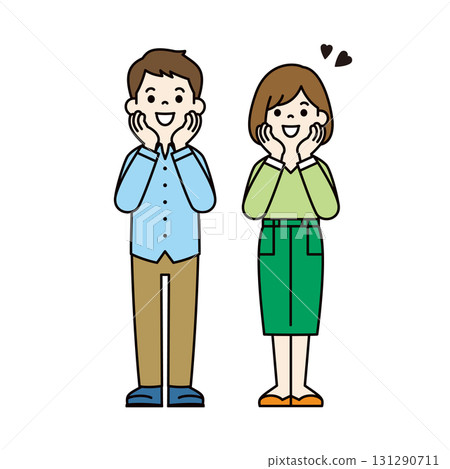 一個年輕男人和女人帶著快樂和興奮的表情,全身向量插圖素材_顏色 一個年輕男人和女人帶著快樂和興奮的表情,全身向量插圖素材_顏色 131290711