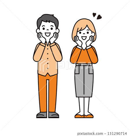 一個簡單的全身向量插圖,描繪了 20 多歲和 30 多歲的男性和女性,他們看起來興奮而快樂 一個簡單的全身向量插圖,描繪了 20 多歲和 30 多歲的男性和女性,他們看起來興奮而快樂 131290714