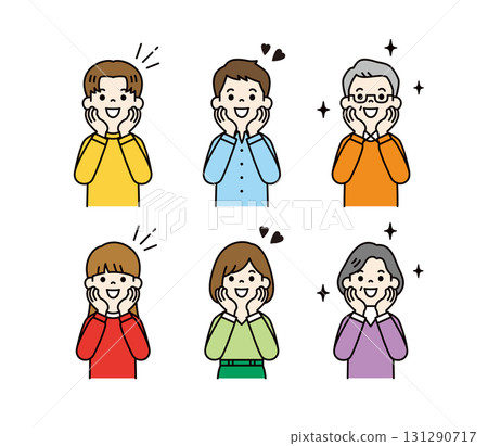 微笑和興奮，不同世代的男人和女人的上半身向量插圖_顏色 131290717