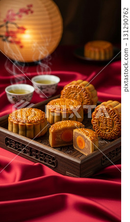 Festive Traditional Mooncake Arrangement with Tea and Lantern Celebration Setting Festive Traditional Mooncake Arrangement with Tea and Lantern Celebration Setting 131290762