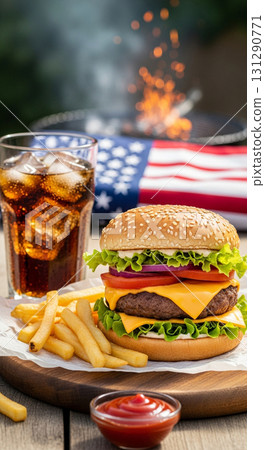 Delicious Gourmet Cheeseburger with Fries and Cola Drink, American Celebration Concept 131290771