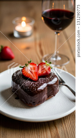 Delicious Chocolate Heart Shaped Cake Topped with Strawberries and Red Wine Delicious Chocolate Heart Shaped Cake Topped with Strawberries and Red Wine 131290775