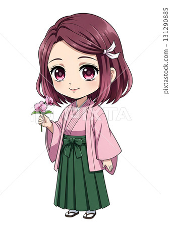 A smiling woman reminiscent of a purple orchid (wearing a kimono and holding a purple orchid) A smiling woman reminiscent of a purple orchid (wearing a kimono and holding a purple orchid) 131290885