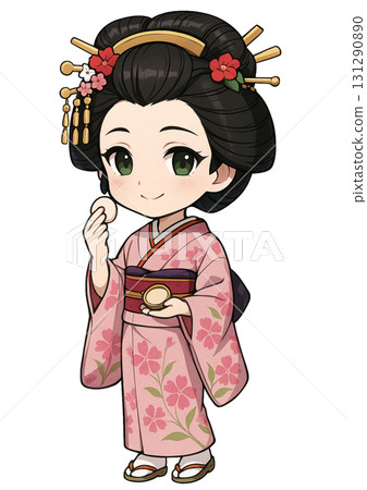 身穿和服、化妝、頭戴牽牛髮飾的復古女性 身穿和服、化妝、頭戴牽牛髮飾的復古女性 131290890