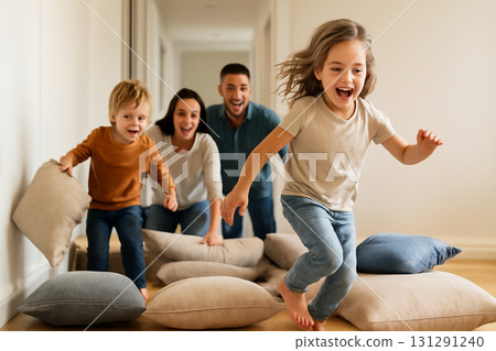 AI generated joyful family moment with kids navigating a playful obstacle course made of pillows in the hallway creating a lively, energetic atmosphere of fun and togetherness. AI generated joyful family moment with kids navigating a playful obstacle course made of pillows in the hallway creating a lively, energetic atmosphere of fun and togetherness. 131291240