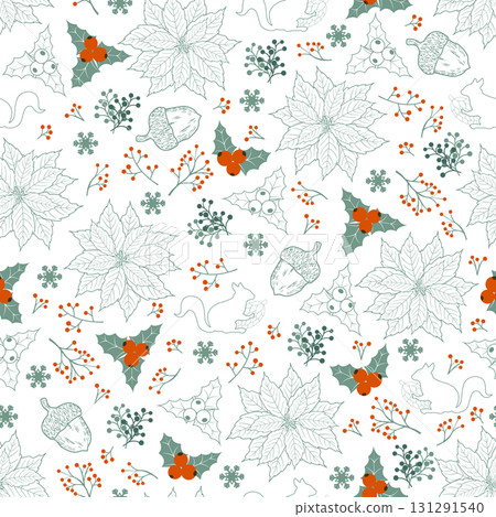 Winter holiday seamless pattern with hand drawn leaves and red berries,Perferct for fabric,textile,wrapping paper and all print 131291540