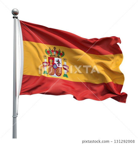 Waving flag of Spain on a flagpole, isolated on a white background 131292008