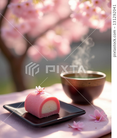 Elegant Still Life Wagashi Sweet Dessert with Cherry Blossom and Tea 131292041