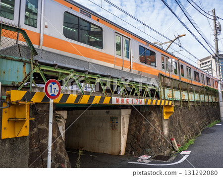 A sign indicating the height limit under the elevated railway overpass: ``Limited height 1.7M'' 131292080