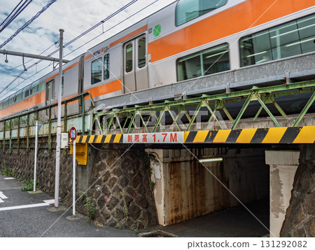 A sign indicating the height limit under the elevated railway overpass: ``Limited height 1.7M'' 131292082
