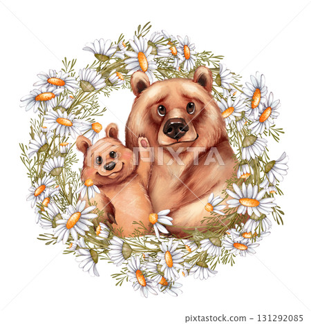 Hand-drawn illustration of cute adult bear and cub surrounded by cheerful daisies. 131292085