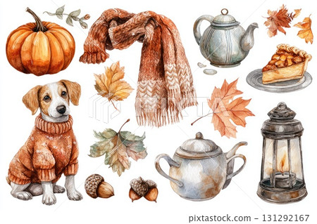 Watercolor autumn set with pumpkin dog scarf tea pie 131292167