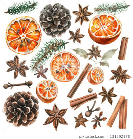 Christmas spices and pinecone watercolor set 131292178