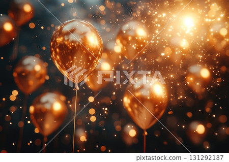 Golden balloons glowing with sparkling festive lights in dark background 131292187