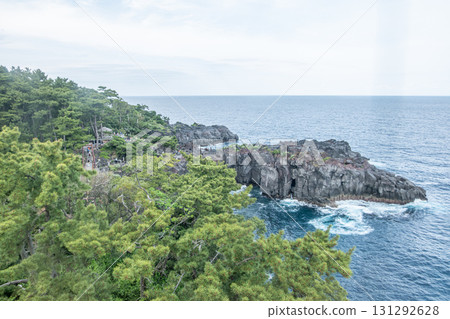 Jogasaki Coast at Ito Shizuoka Japan, Rocky coastline with green pine trees and ocean waves under cloudy sky Jogasaki Coast at Ito Shizuoka Japan, Rocky coastline with green pine trees and ocean waves under cloudy sky 131292628