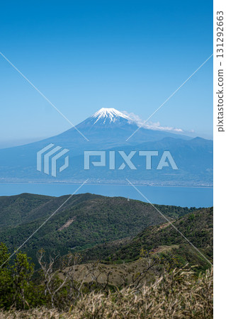 Panorama view from Darumayama mountain at Namazu, Shizuoka, Japan, Snow capped Fuji mountain viewed from green hills under clear blue sky 131292663
