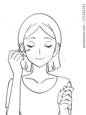 一位女士塗抹遮瑕膏的黑白插圖 131292761