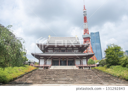 Traditional Japanese temple with Tokyo Tower in cityscape background at Tokyo, Japan Traditional Japanese temple with Tokyo Tower in cityscape background at Tokyo, Japan 131292843