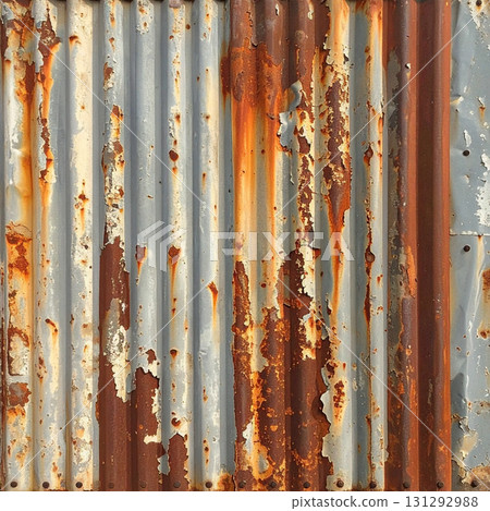 Corrugated galvanized iron sheet with severe rust and peeling paint 131292988
