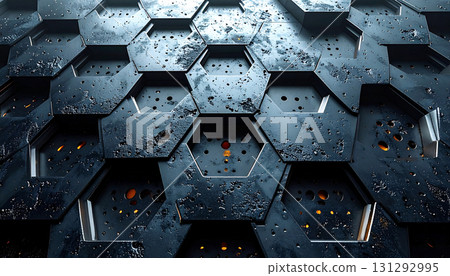 Sci-fi background texture of damaged hexagonal metal panels with light leaking from within 131292995
