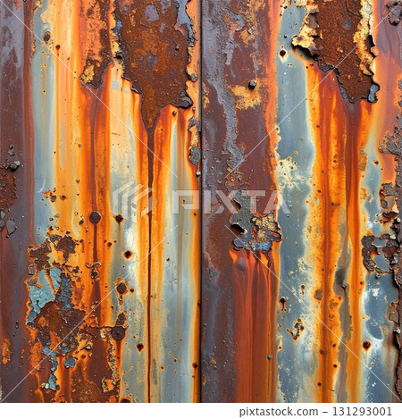 Grunge texture of a rusty metal plate with vibrant orange rust and peeling paint 131293001