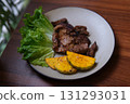 Grilled meat skewers, roasted shish kebab with onion and tomatoes, isolated on white background 131293031