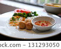 Top down shot of vietnamese food on the wooden table in vietnamese restaurant in Perth  131293050