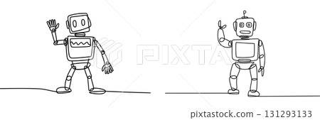 Waving Robot Continuous One Line Drawing Vector. Artificial Intelligence and Future Technology Vector Set. 131293133
