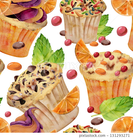 Orange topped muffin and cupcake pastry with citrus slices, mint leaves, chocolate chips hand painted in watercolor. Seamless pattern for baking visuals, digital art, product labels, recipe layouts. 131293271