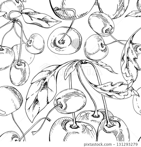 Sweet sour line cerise cherry with plant leaves, hand drawn vector ink, garden berry in clusters on branches. Seamless pattern wallpaper illustration. Restaurant, cafe menu, wedding, farmers market. Sweet sour line cerise cherry with plant leaves, hand drawn vector ink, garden berry in clusters on branches. Seamless pattern wallpaper illustration. Restaurant, cafe menu, wedding, farmers market. 131293279