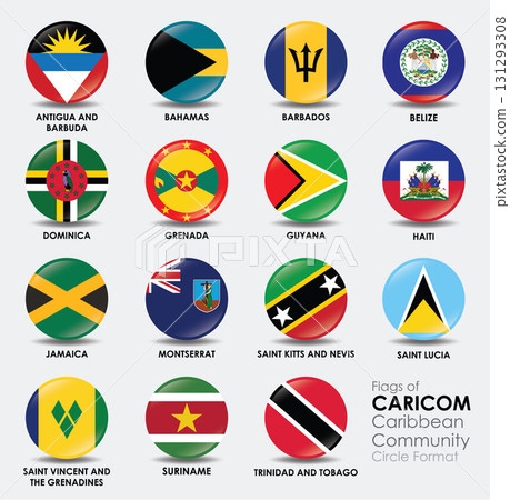 Flags of CARICOM Caribbean Community displayed in circle format, showcasing vibrant colors and unique designs representing each member nation Flags of CARICOM Caribbean Community displayed in circle format, showcasing vibrant colors and unique designs representing each member nation 131293308