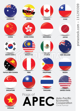 Flags of APEC countries displayed in circular format, showcasing diversity and unity of Asia Pacific region 131293309
