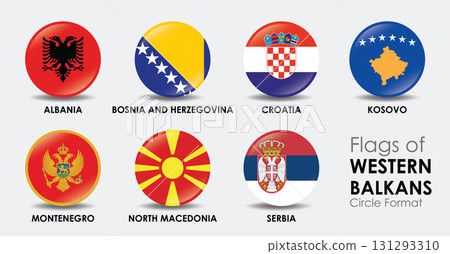 Flags of Western Balkans displayed circular format showcasing national symbols of Albania Bosnia and Herzegovina Croatia Kosovo Montenegro North Flags of Western Balkans displayed circular format showcasing national symbols of Albania Bosnia and Herzegovina Croatia Kosovo Montenegro North 131293310