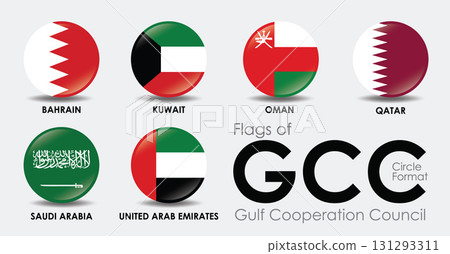 Flags of GCC countries displayed circle format, showcasing national symbols of Bahrain, Kuwait, Oman, Qatar, Saudi Arabia, and United Arab 131293311