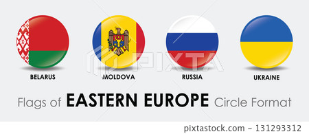 Flags of Eastern Europe displayed in circle format, showcasing national symbols of Belarus, Moldova, Russia, and Ukraine 131293312