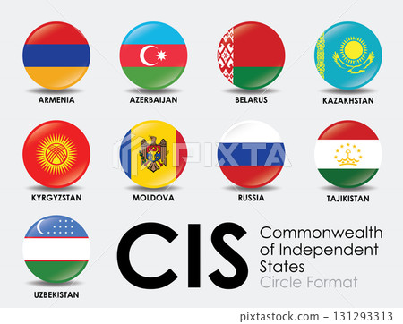 CIS circle features flags of member countries showcasing unity and diversity. design highlights Armenia Azerbaijan Belarus Kazakhstan Kyrgyzstan 131293313