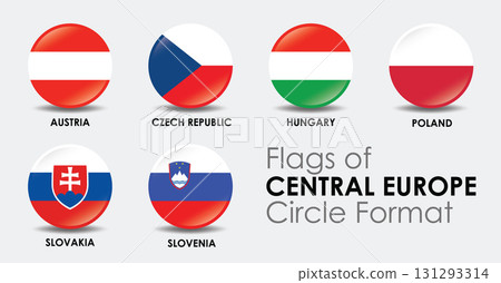 Flags of Central Europe displayed in circle format, showcasing national flags of Austria, Czech Republic, Hungary, Poland, Slovakia, and Slovenia 131293314