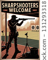 Shooting man, vintage illustration poster in retro style with text Sharpshooters Welcome. A shooter sportsman with a rifle barrel gun in his hands aiming a target. 131293318